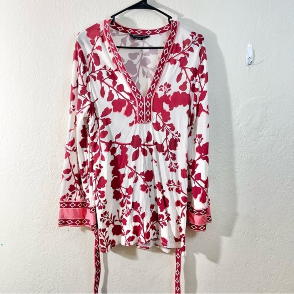 BCBGMaxAzria Women Colorful Floral Belted Stretch Tunic Top Size Small Casual